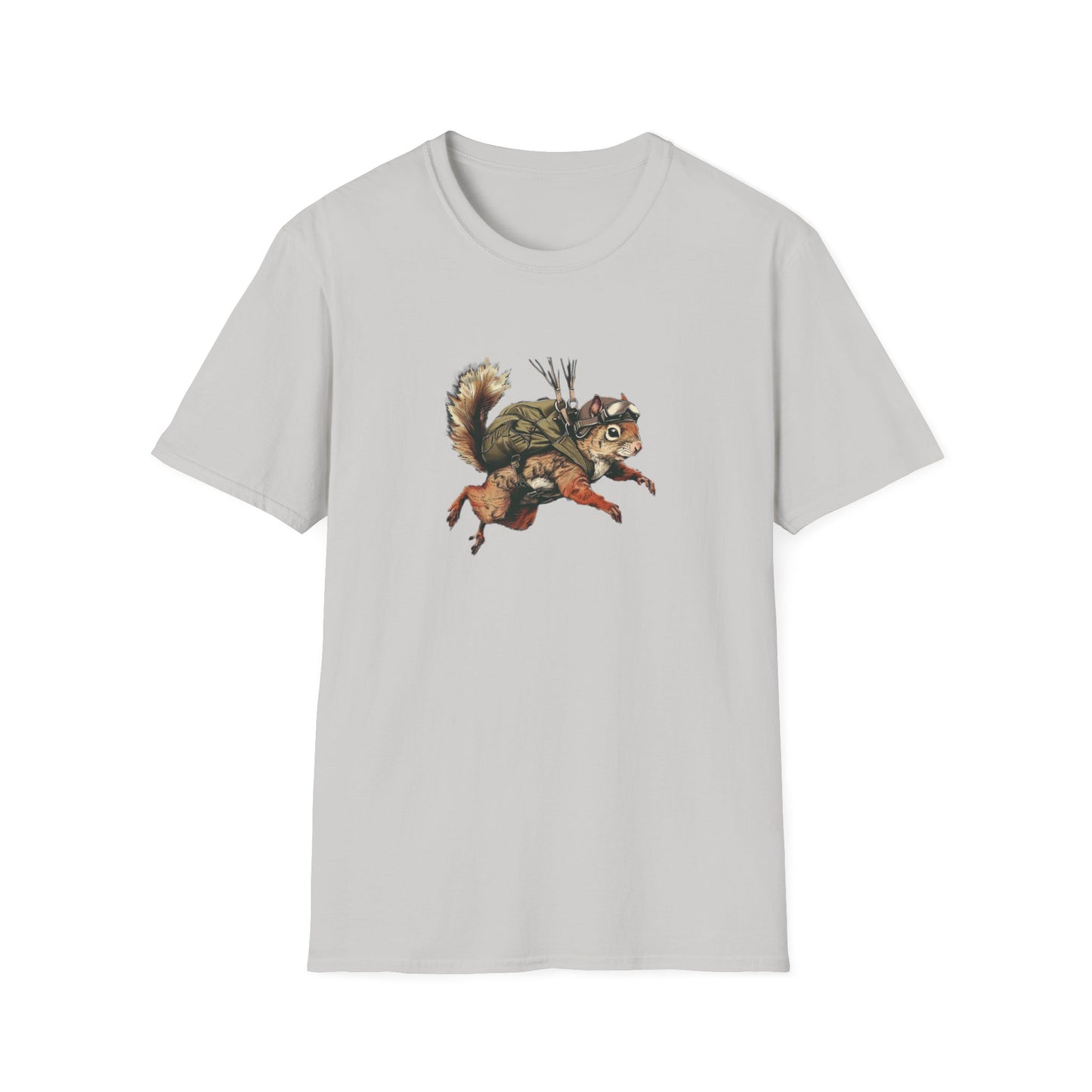 An ice grey softstyle t-shirt with a graphic print of a skydiving squirrel wearing parachute gear on a white background