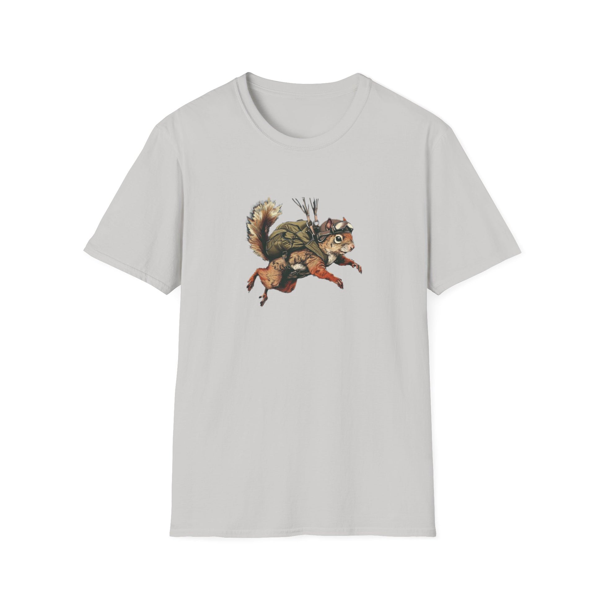 An ice grey softstyle t-shirt with a graphic print of a skydiving squirrel wearing parachute gear on a white background