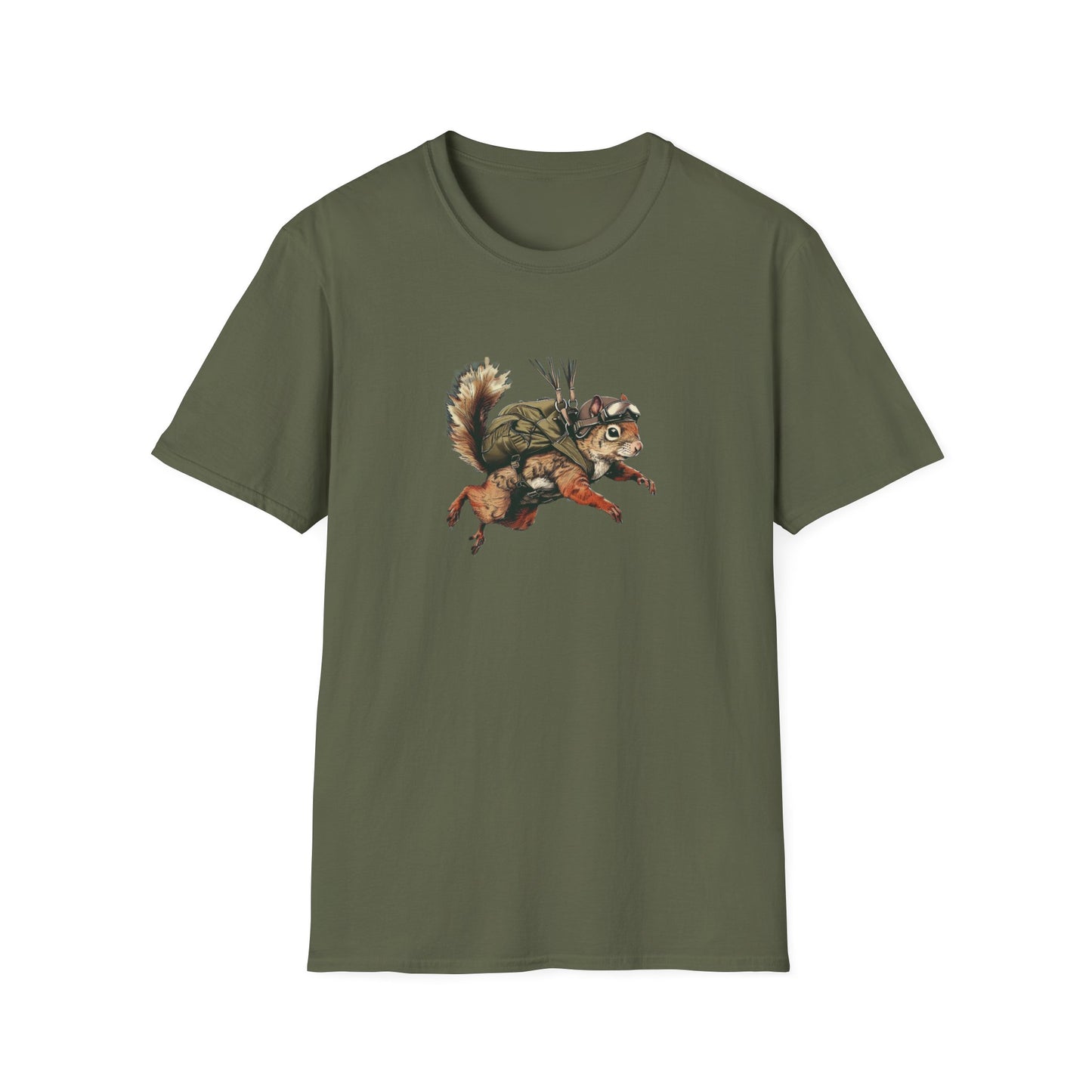 A military green softstyle t-shirt with a graphic print of a skydiving squirrel wearing parachute gear against a white background