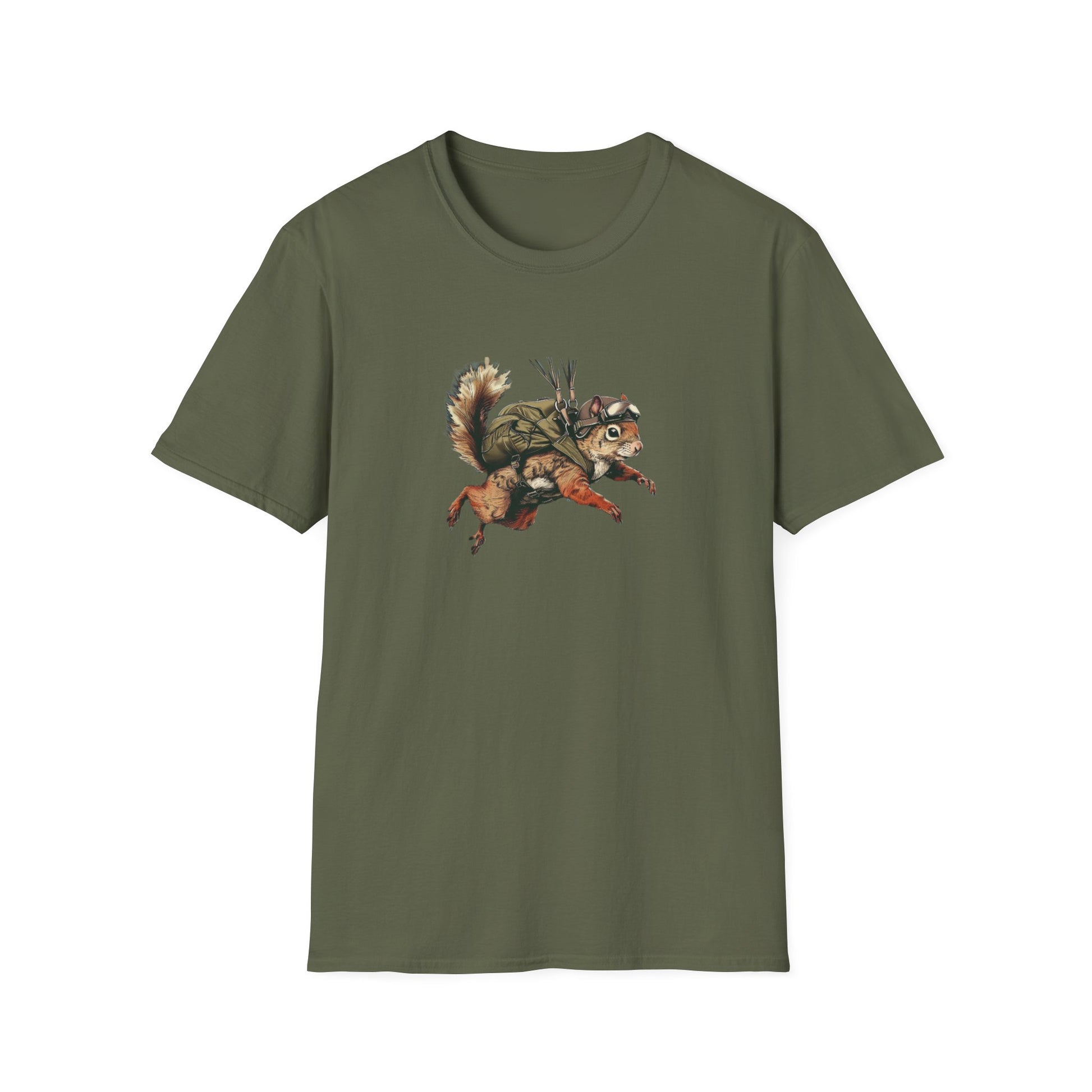 A military green softstyle t-shirt with a graphic print of a skydiving squirrel wearing parachute gear against a white background