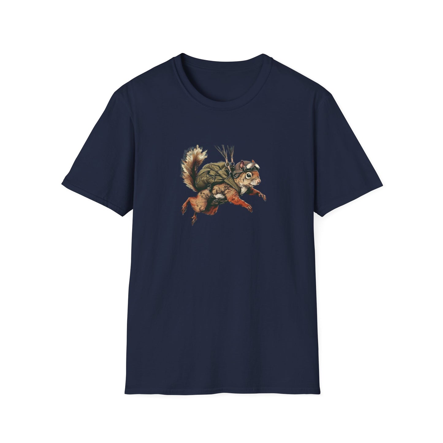 A navy blue t-shirt with a graphic print of a skydiving squirrel wearing parachute gear against a white background. 