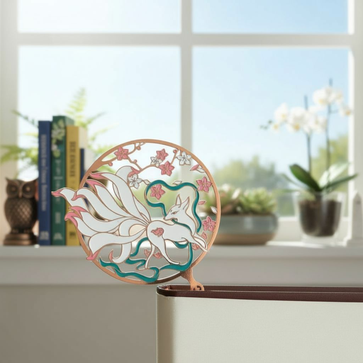 nine tailed fox metal bookmark with sakura charm at the end of chain