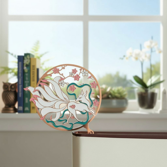 nine tailed fox metal bookmark with sakura charm at the end of chain