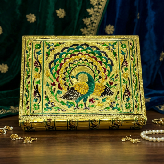 Handmade Luxury Jewelry Box with Meenakari Peacock