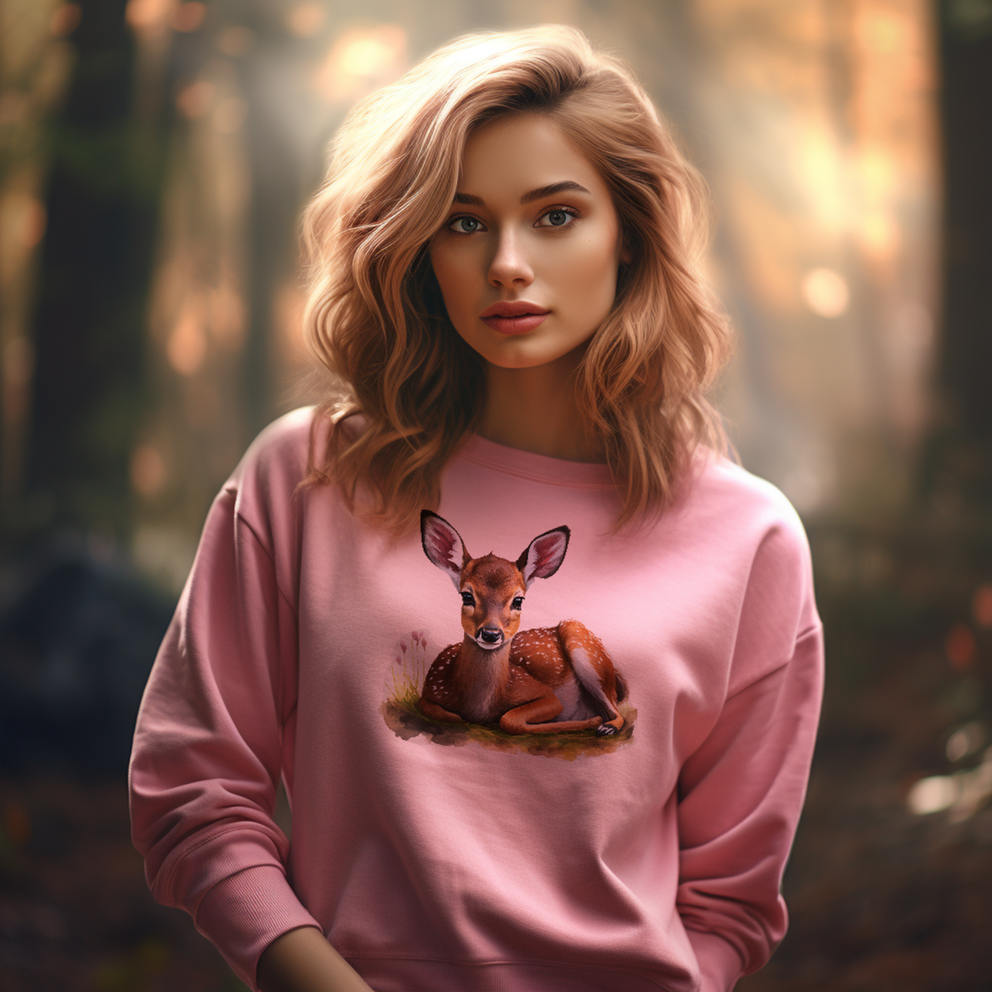 dear hearted serenity sweatshirt. model is wearing a pink sweatshirt with an image of a tranquil deer lying in the woods 
