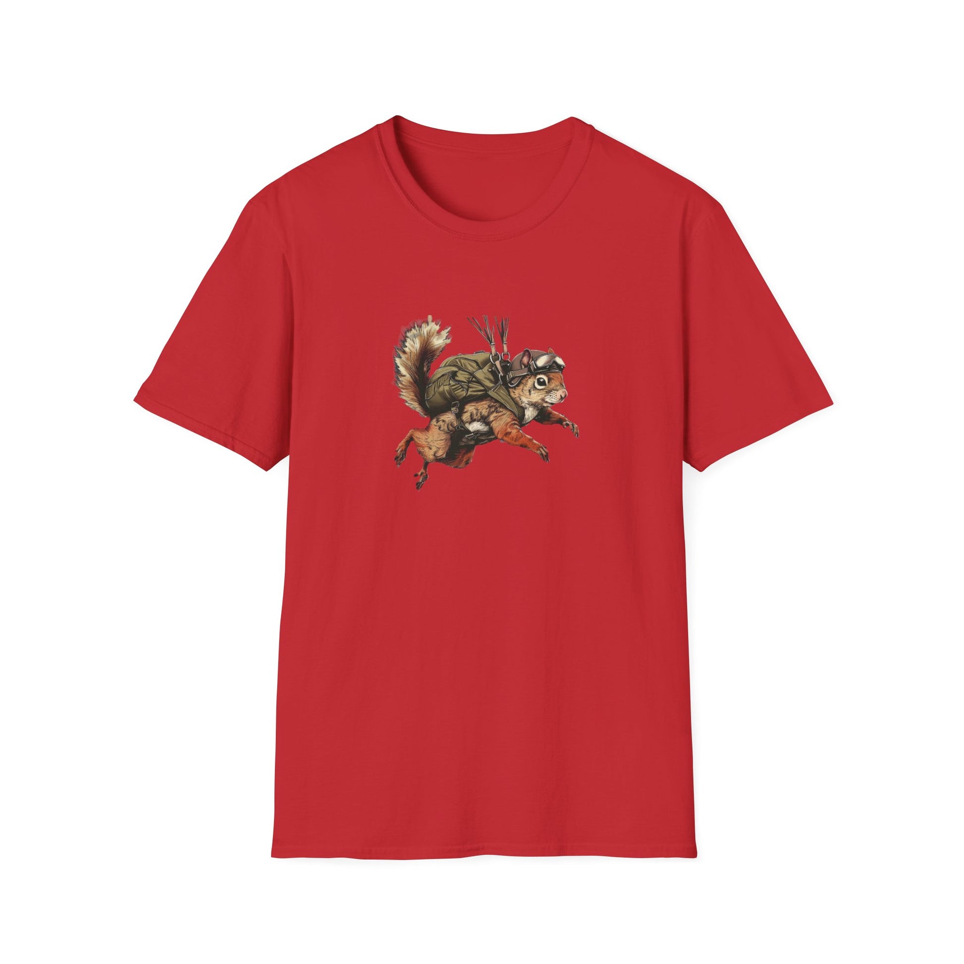 A red softstyle t-shirt with a graphic print of a skydiving squirrel wearing parachute gear against a white background. 
