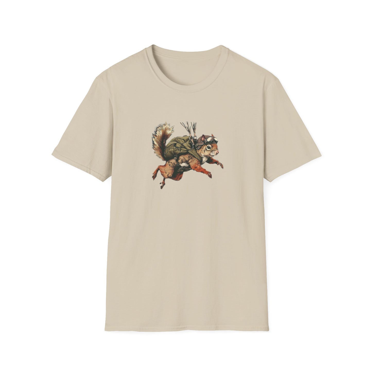 A sand colored t-shirt with a graphic print of a skydiving squirrel wearing parachute gear on a white background