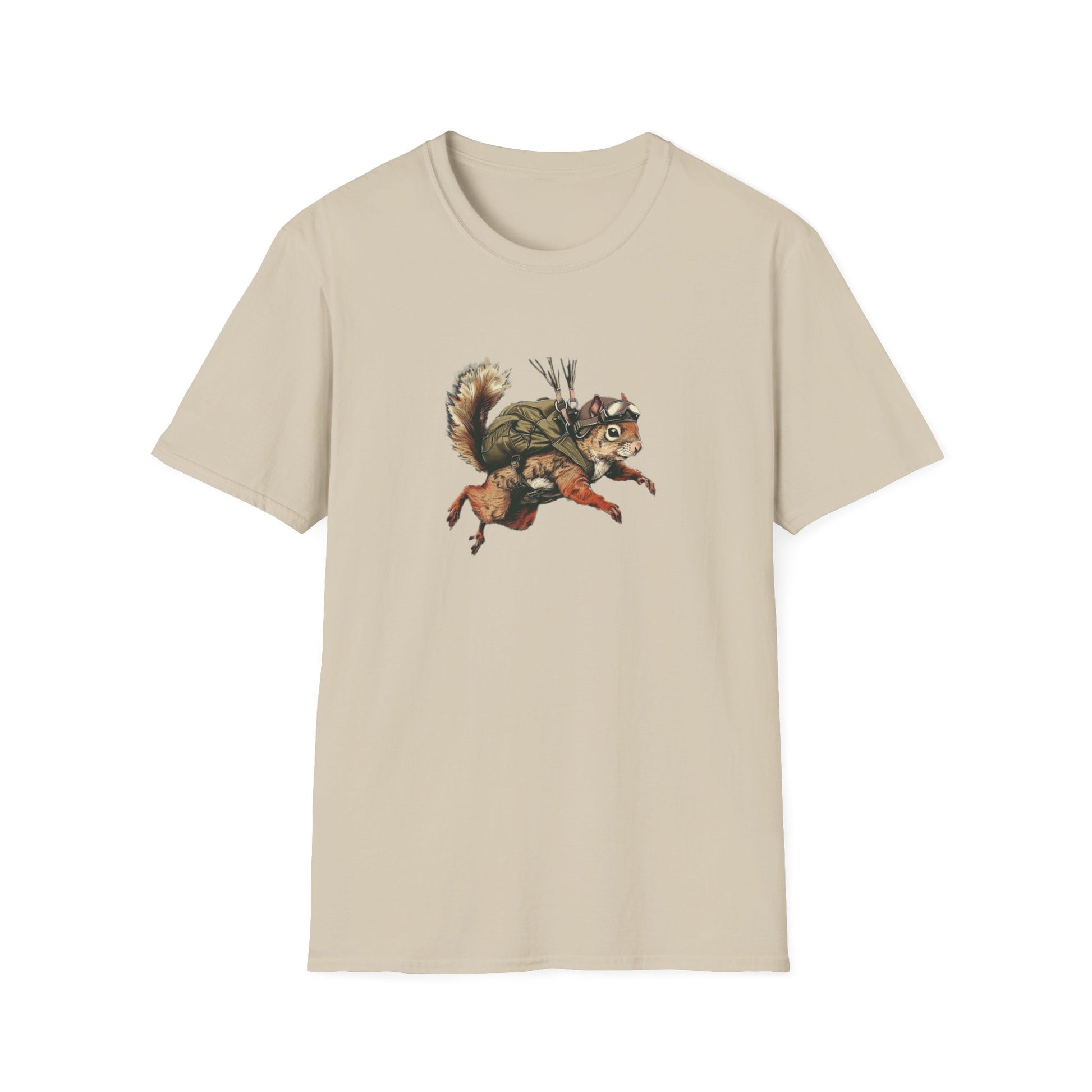 A sand colored t-shirt with a graphic print of a skydiving squirrel wearing parachute gear on a white background
