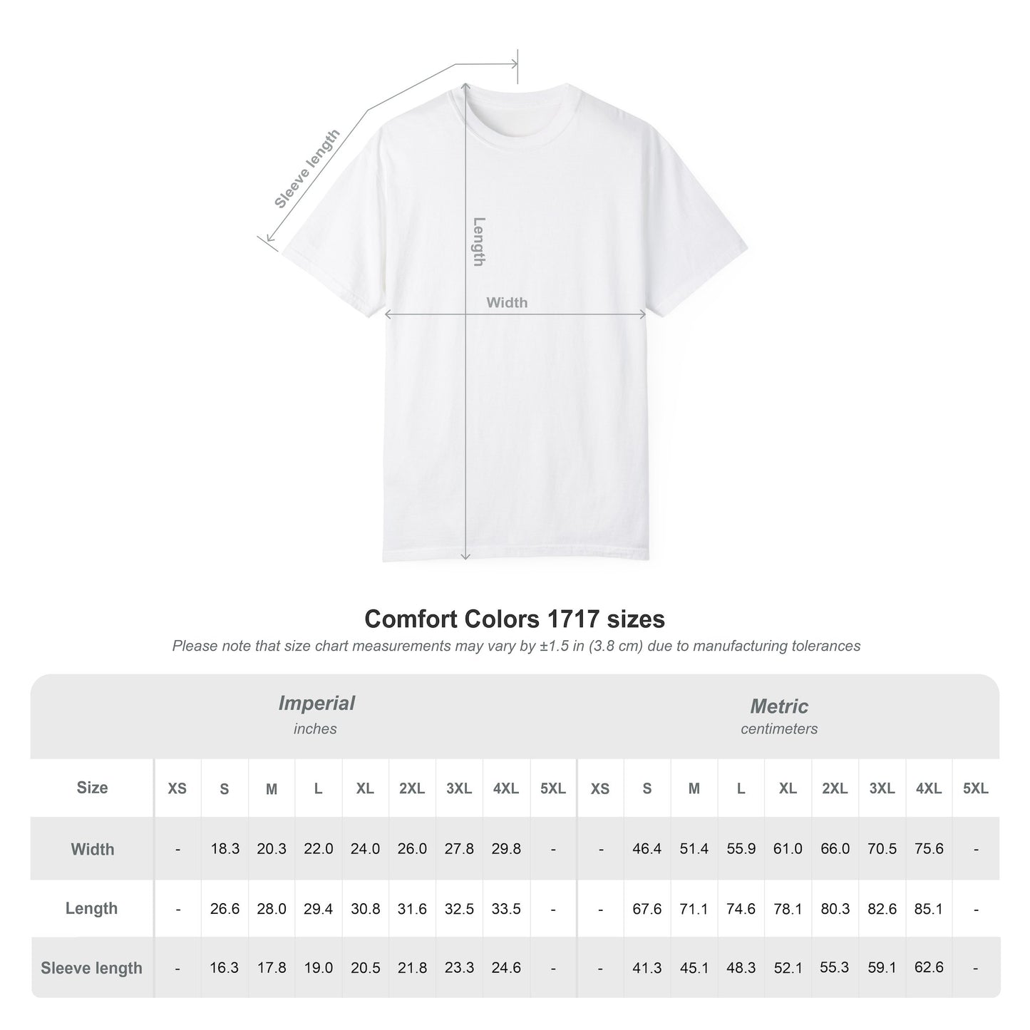 size chart for comfort colors tshirt 