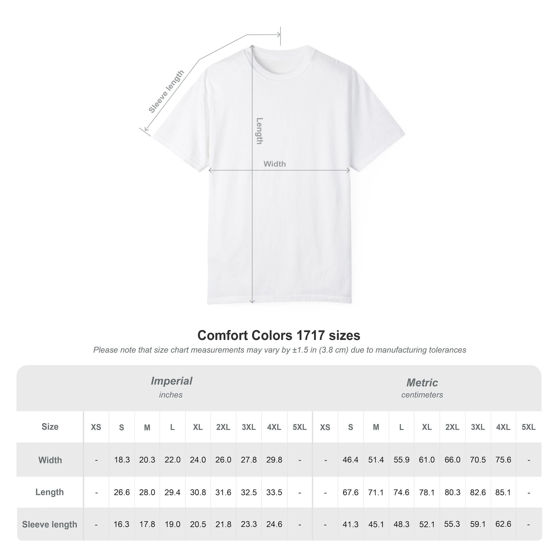 size chart for comfort colors tshirt 