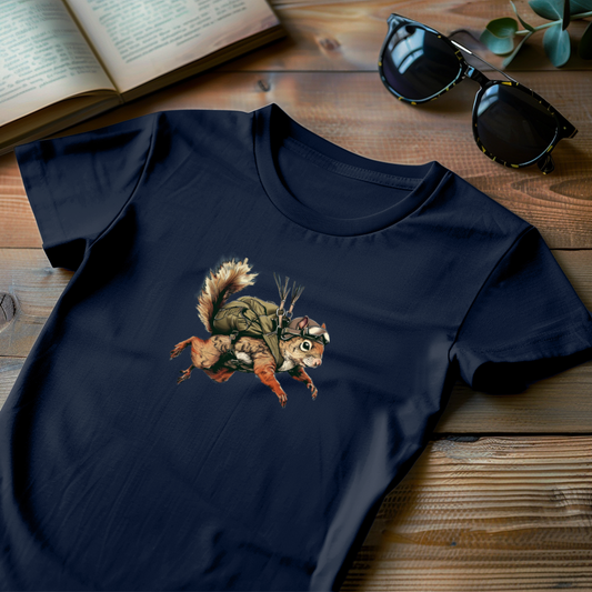 A navy blue t-shirt with a graphic print of a skydiving squirrel wearing parachute gear, displayed on a wooden surface with sunglasses and an open book in the background.