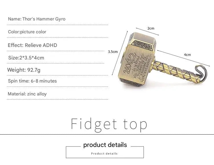 Thor's Hammer gyro fidget top with product details on a white background