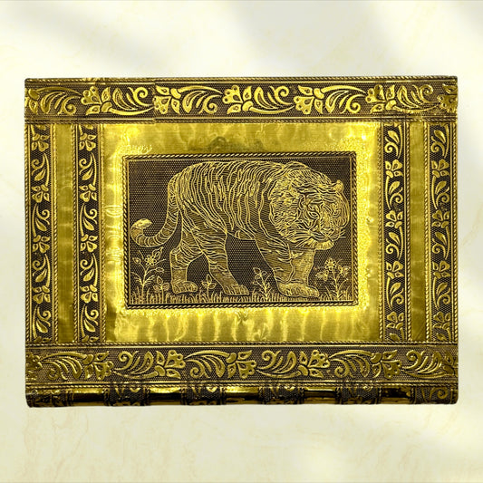 Majestic Indian Tiger Handmade Jewelry Holder Box - Tortuna view from top of box shows close up of cover with tiger imprinted design 
