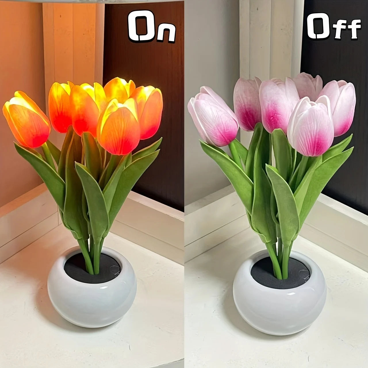 Two lighted tulip lamps, one lit and one unlit, on a white surface.