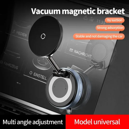 Vacuum magnetic bracket attached to a car dashboard with text highlighting features.