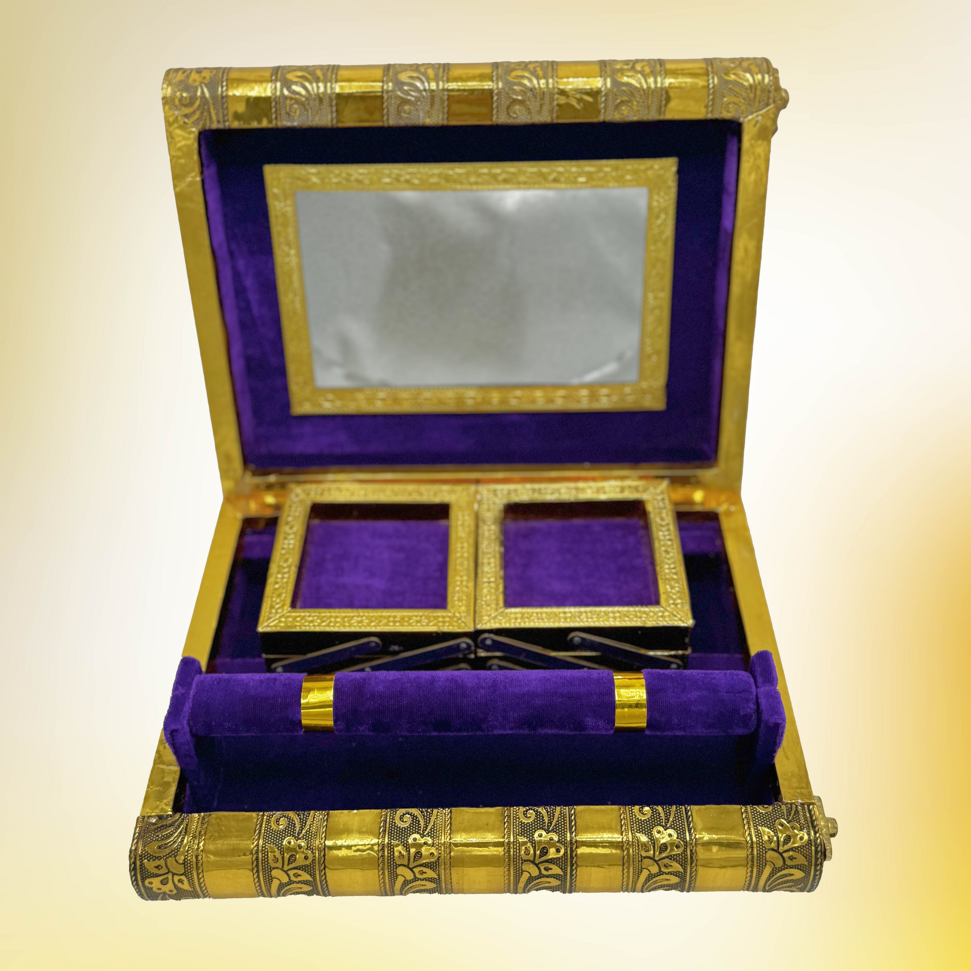 vintage Indian jewelry box with purple violet lining that shows the lid open and the trays folded. The bangle box holder is in the front. the color of the velvet lining is purple or violet
