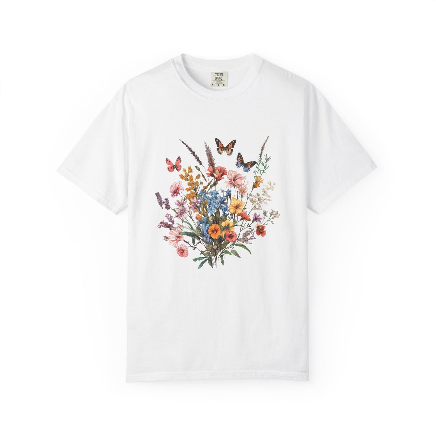 white floral butterfly design t-shirt. cottagecore, coffee fashion, comfort colors 1717 