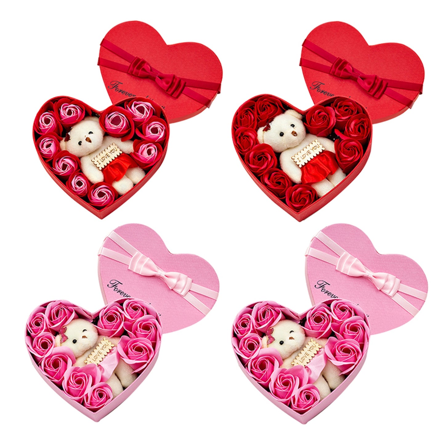 Heart-shaped Soap Flower Gift Box with Teddy Bear - Tortuna