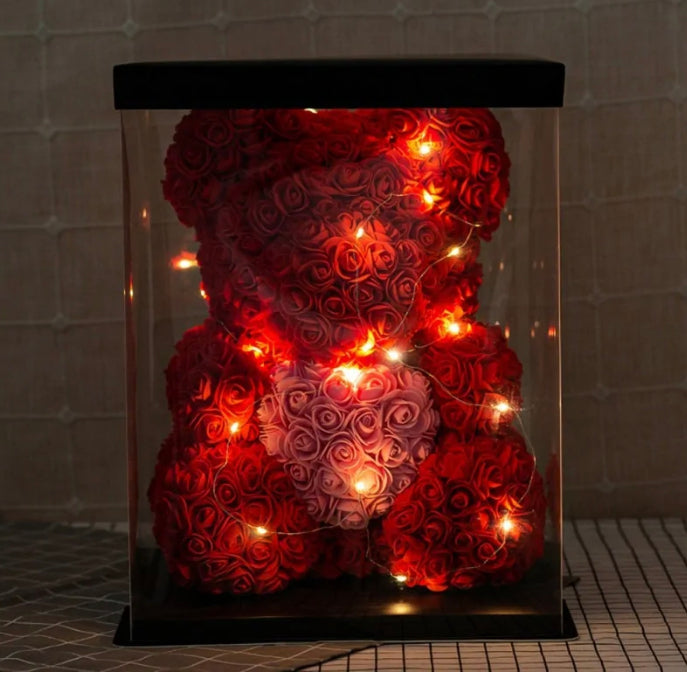 Rose Bear in a box with LED lights - Tortuna