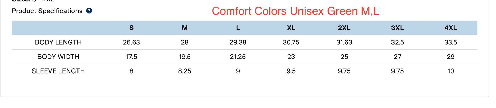 comfort colors size chart c1717