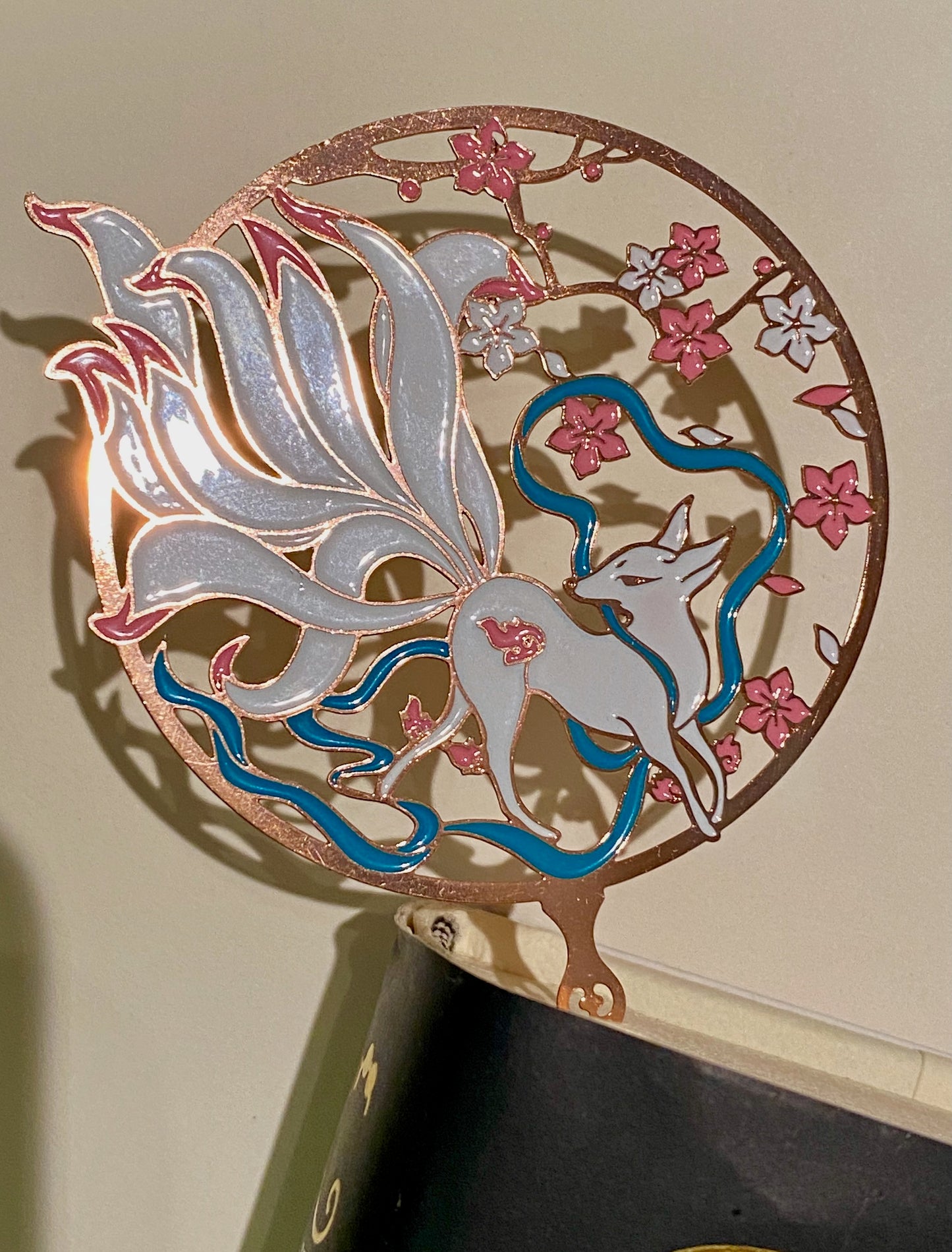 Nine Tailed Fox Metal Bookmark with sakura Charm - Tortuna